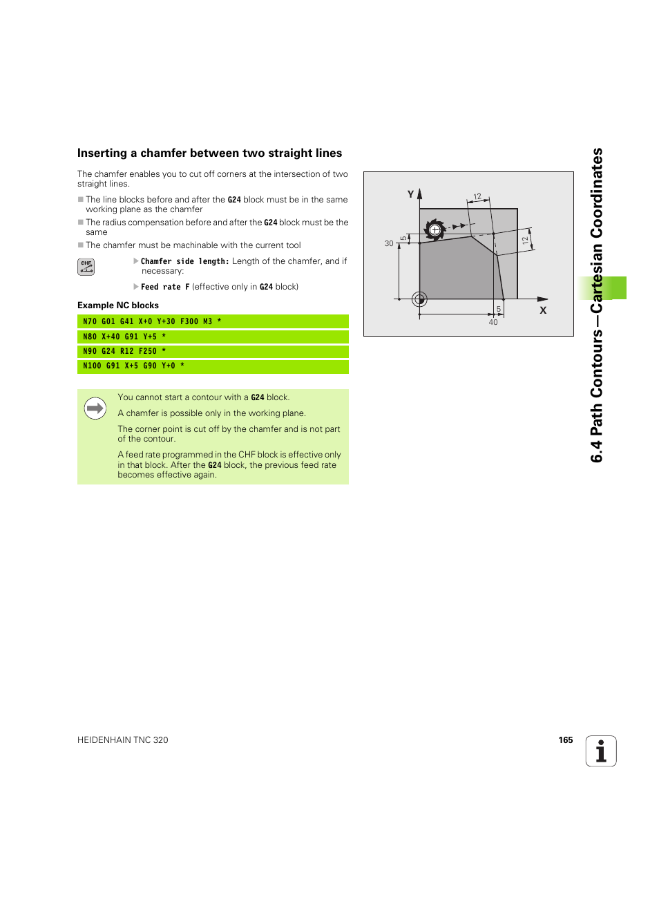 Inserting a chamfer between two straight lines, 4 p a th cont ours—car te sian coor dinat e s | HEIDENHAIN TNC 320 (340 55x-05) ISO programming User Manual | Page 165 / 477