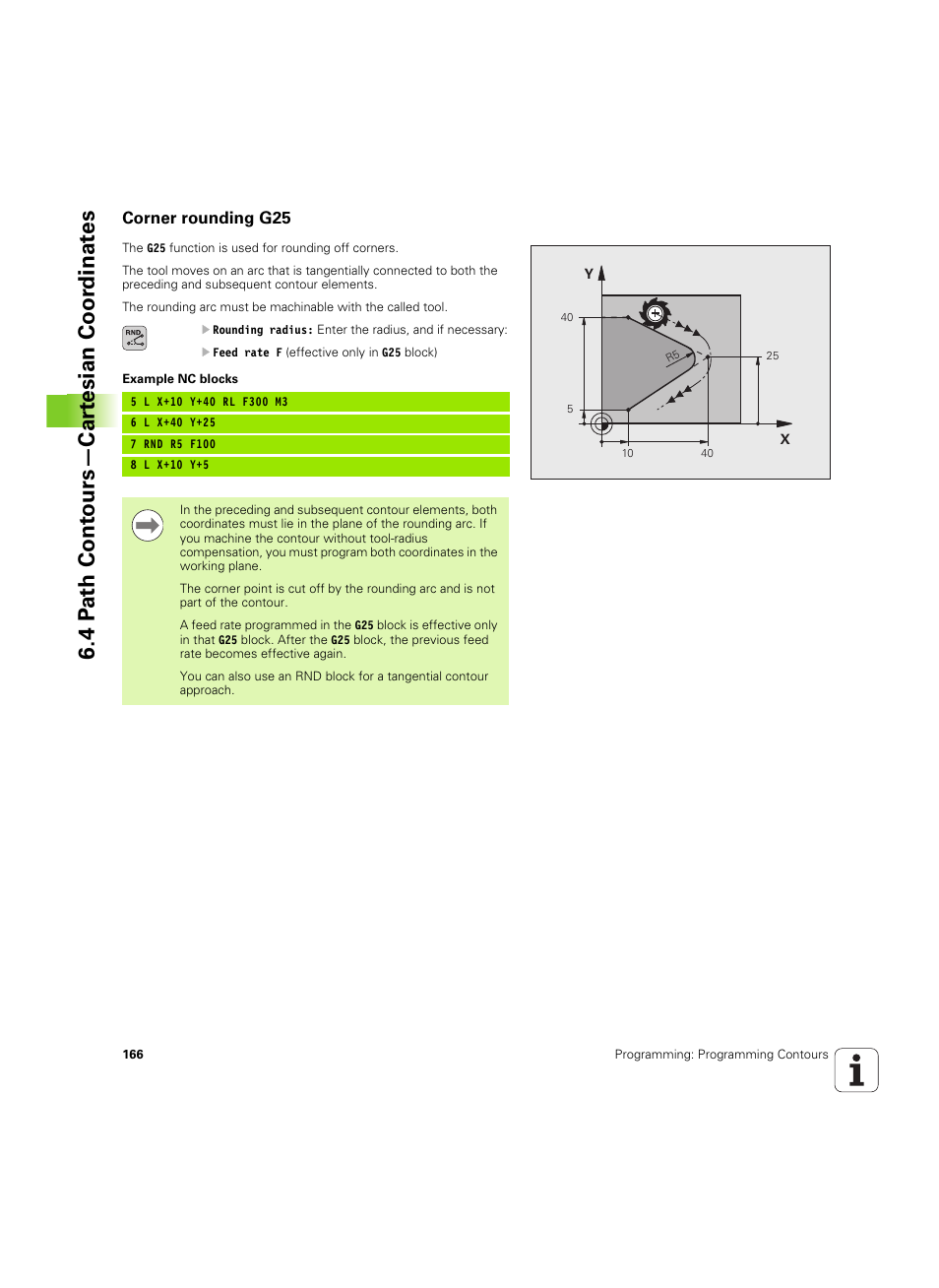 Corner rounding g25, 4 p a th cont ours—car te sian coor dinat e s | HEIDENHAIN TNC 320 (340 55x-05) ISO programming User Manual | Page 166 / 477
