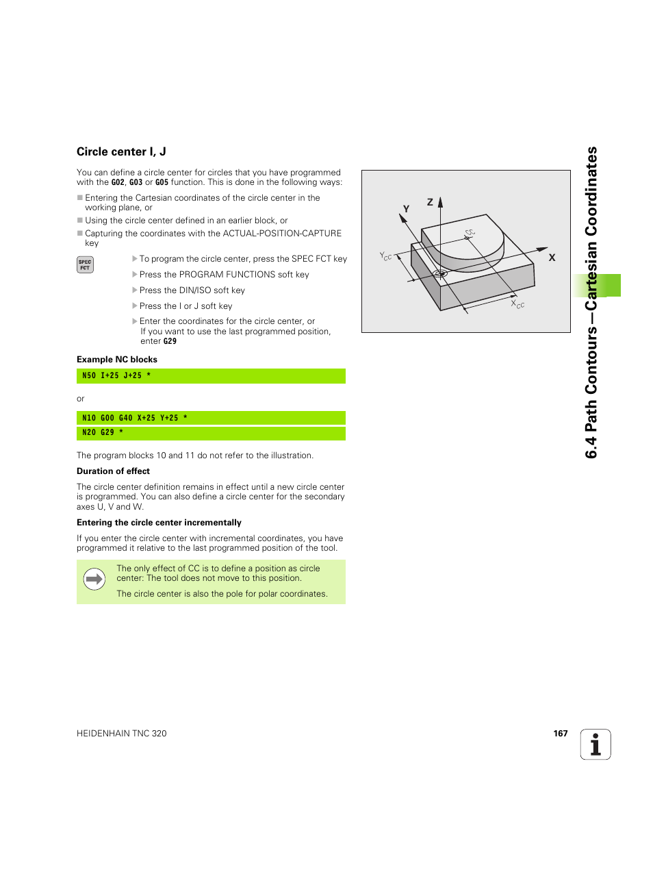 Circle center i, j, 4 p a th cont ours—car te sian coor dinat e s | HEIDENHAIN TNC 320 (340 55x-05) ISO programming User Manual | Page 167 / 477