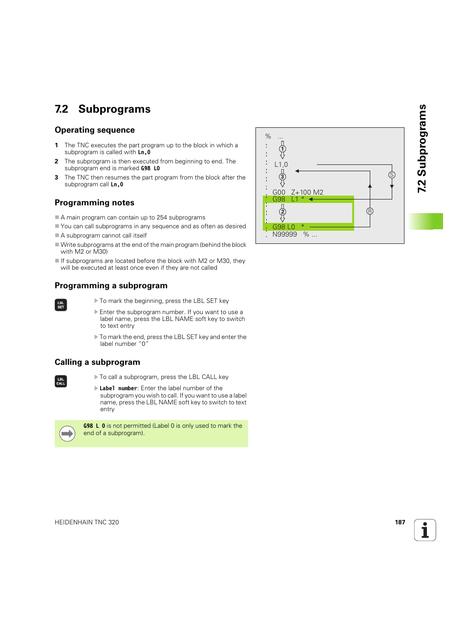 2 subprograms, Operating sequence, Programming notes | Programming a subprogram, Calling a subprogram, 2 subpr ogr a ms 7.2 subprograms | HEIDENHAIN TNC 320 (340 55x-05) ISO programming User Manual | Page 187 / 477