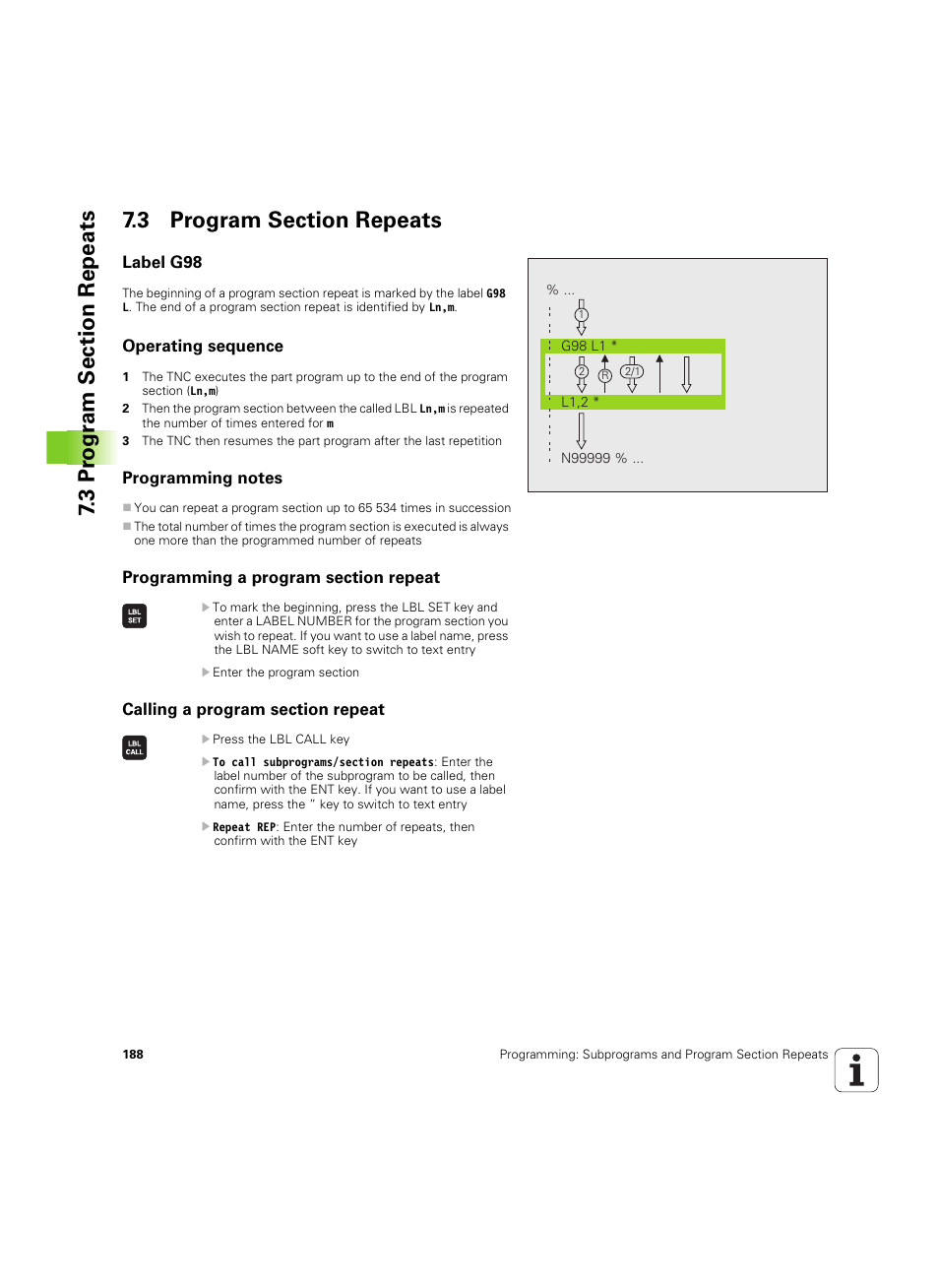 3 program section repeats, Label g98, Operating sequence | Programming notes, Programming a program section repeat, Calling a program section repeat | HEIDENHAIN TNC 320 (340 55x-05) ISO programming User Manual | Page 188 / 477