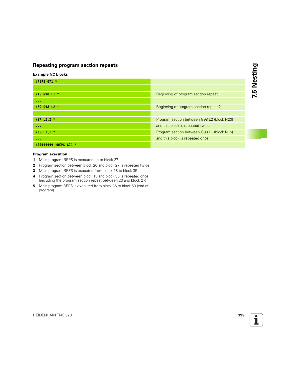 Repeating program section repeats, 5 nesting | HEIDENHAIN TNC 320 (340 55x-05) ISO programming User Manual | Page 193 / 477