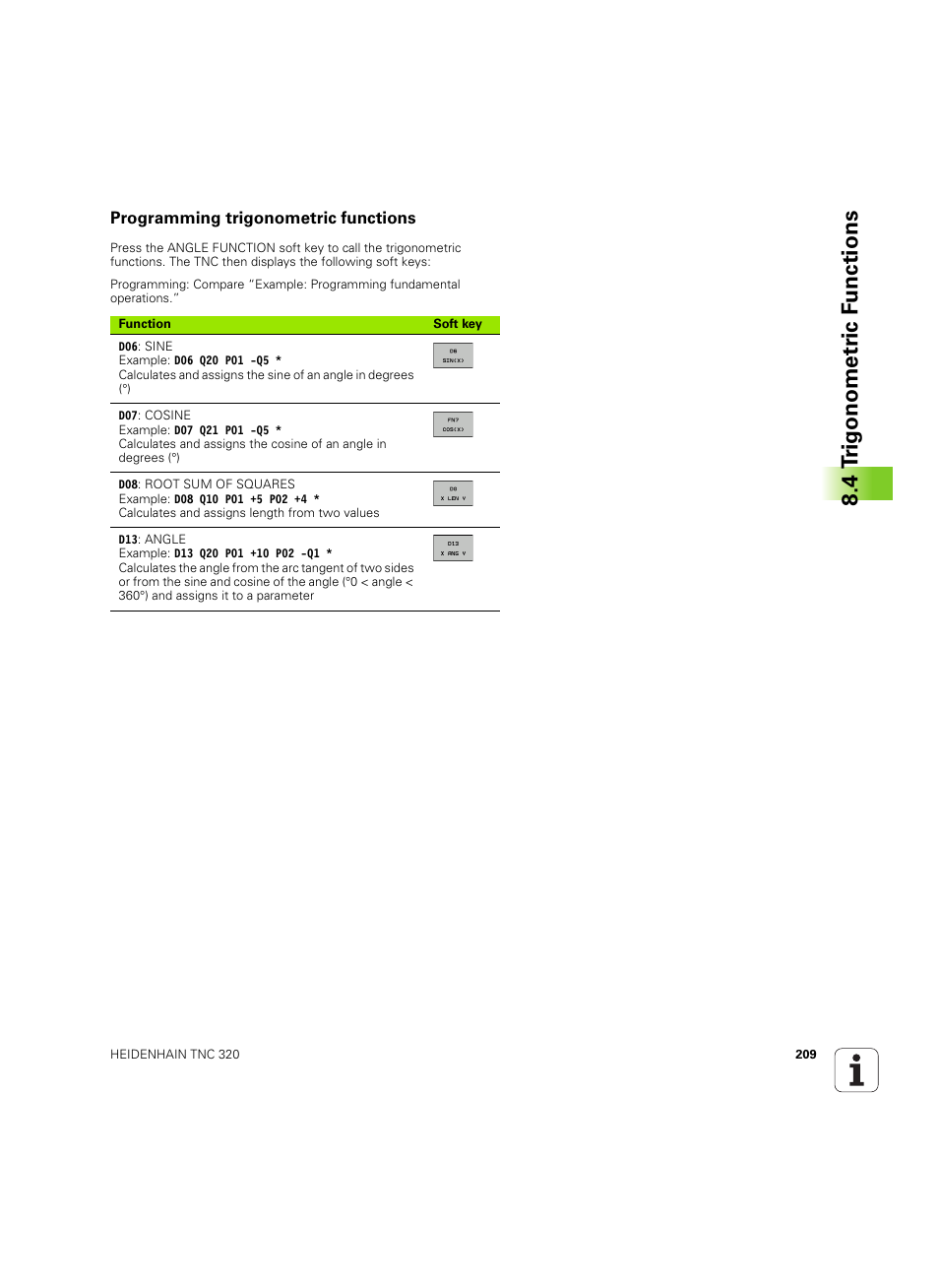 Programming trigonometric functions, 4 t rig onometr ic f unctions | HEIDENHAIN TNC 320 (340 55x-05) ISO programming User Manual | Page 209 / 477