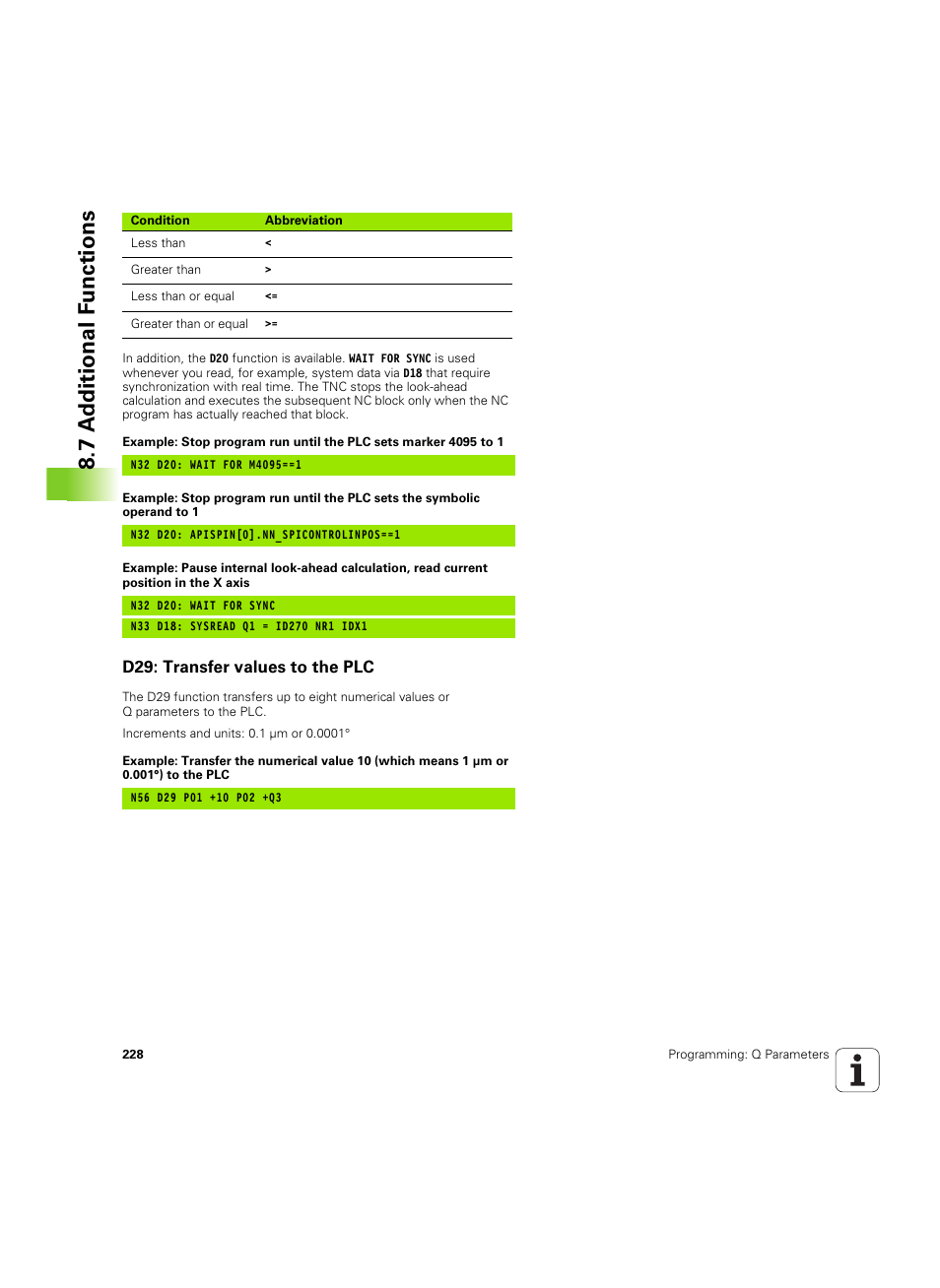 D29: transfer values to the plc, 7 a d ditional f unctions | HEIDENHAIN TNC 320 (340 55x-05) ISO programming User Manual | Page 228 / 477