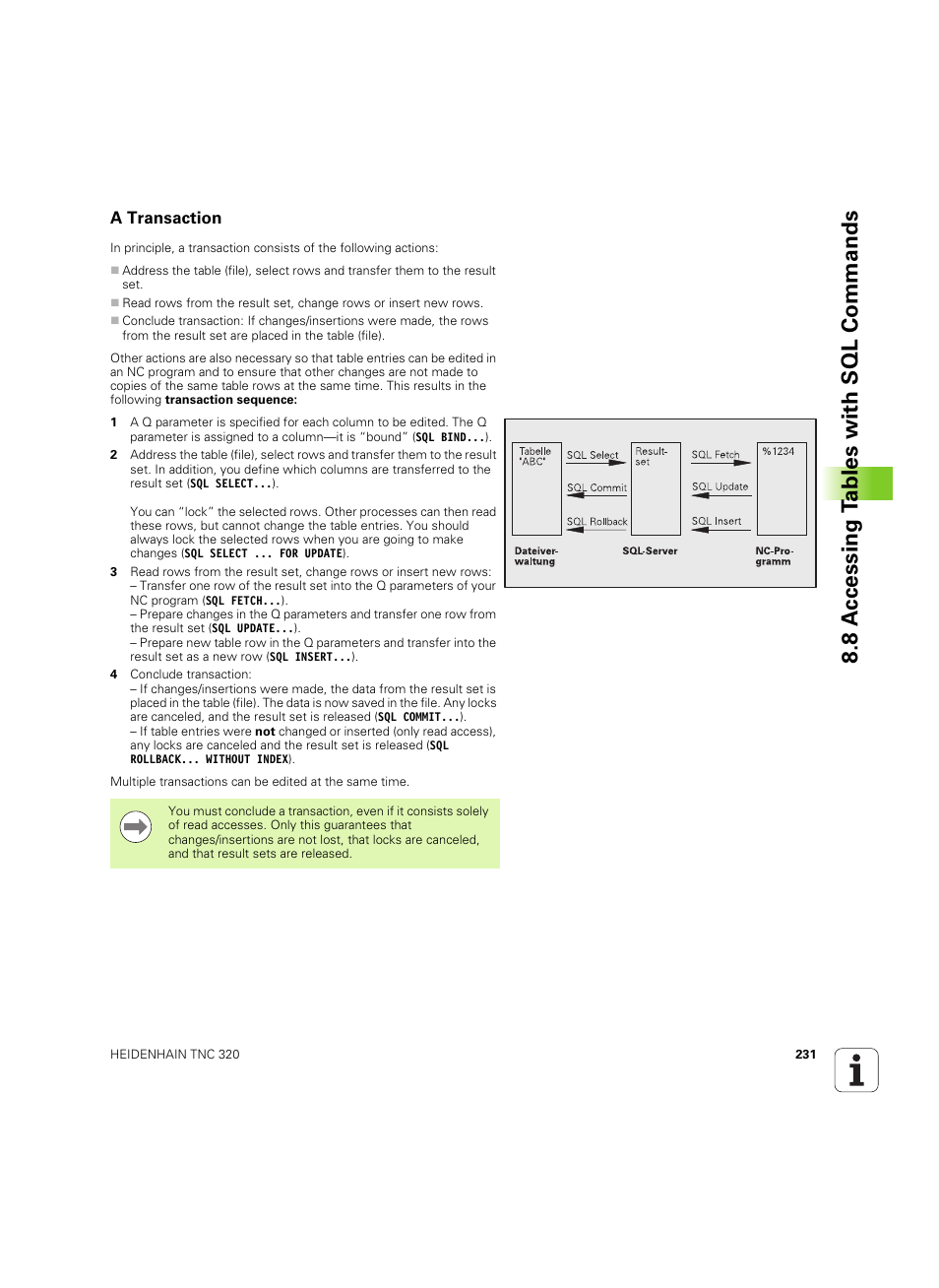 A transaction, 8 a c cessing t a bles with sql commands | HEIDENHAIN TNC 320 (340 55x-05) ISO programming User Manual | Page 231 / 477