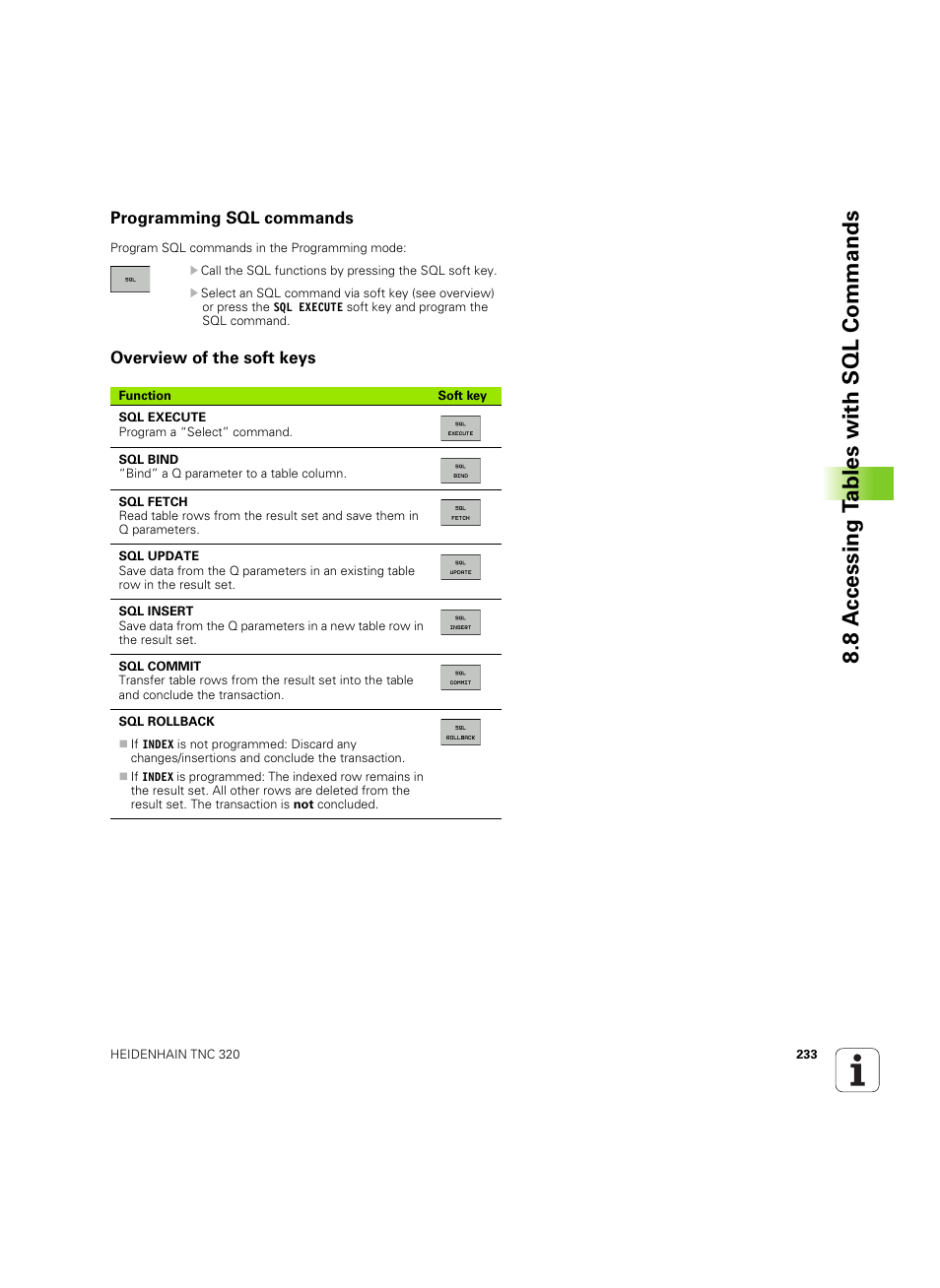 Programming sql commands, Overview of the soft keys, 8 a c cessing t a bles with sql commands | HEIDENHAIN TNC 320 (340 55x-05) ISO programming User Manual | Page 233 / 477