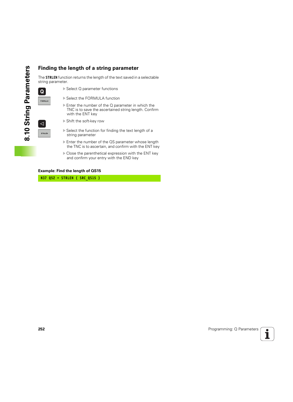 Finding the length of a string parameter, 1 0 str ing p a ra met e rs | HEIDENHAIN TNC 320 (340 55x-05) ISO programming User Manual | Page 252 / 477