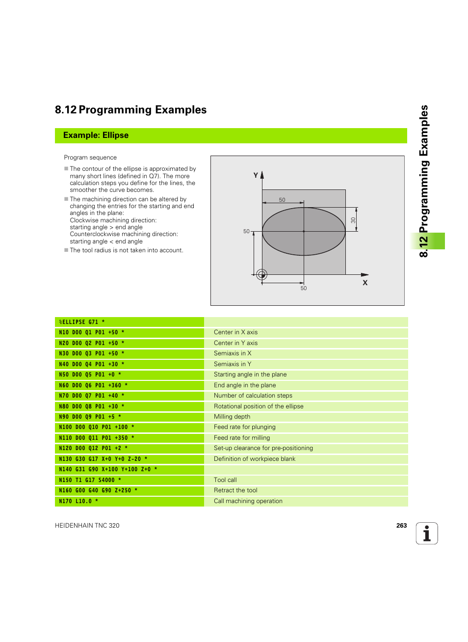 12 programming examples, Example: ellipse | HEIDENHAIN TNC 320 (340 55x-05) ISO programming User Manual | Page 263 / 477