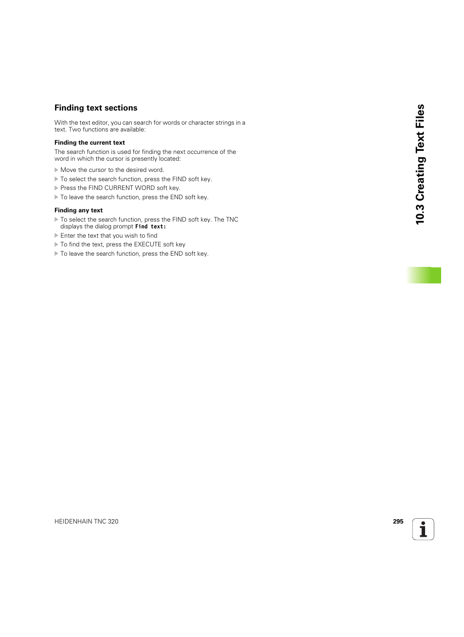 Finding text sections, 10 .3 cr eating t ext files | HEIDENHAIN TNC 320 (340 55x-05) ISO programming User Manual | Page 295 / 477