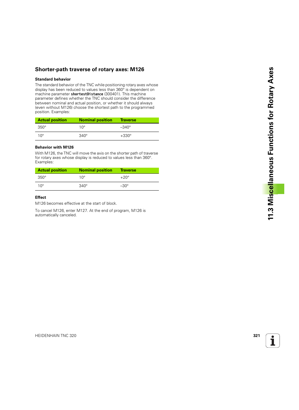 Shorter-path traverse of rotary axes: m126, 3 miscellaneous f unctions f or rotary ax es | HEIDENHAIN TNC 320 (340 55x-05) ISO programming User Manual | Page 321 / 477