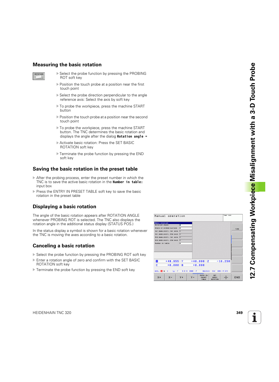Measuring the basic rotation, Saving the basic rotation in the preset table, Displaying a basic rotation | Canceling a basic rotation | HEIDENHAIN TNC 320 (340 55x-05) ISO programming User Manual | Page 349 / 477