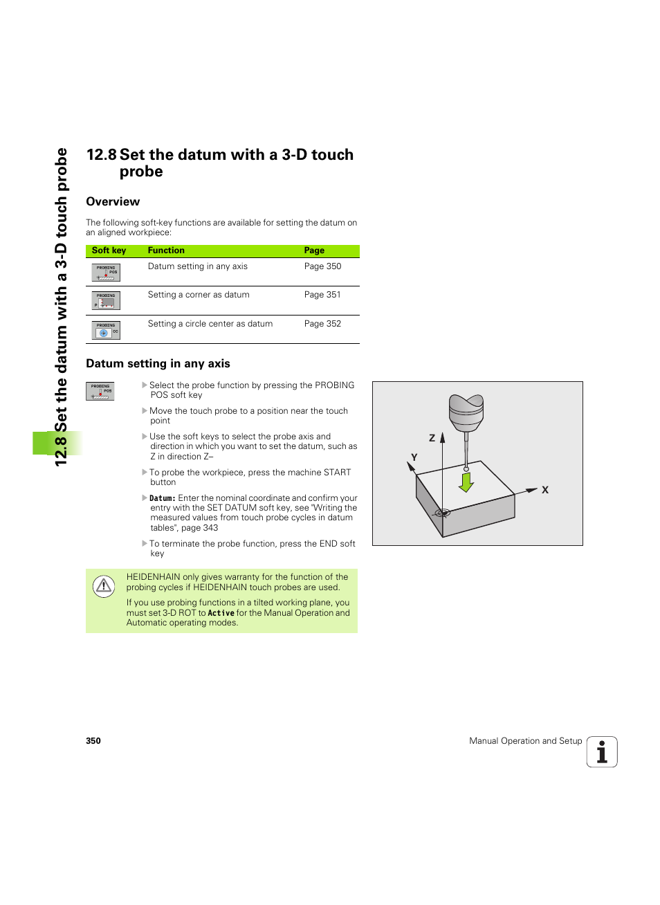 8 set the datum with a 3-d touch probe, Overview, Datum setting in any axis | HEIDENHAIN TNC 320 (340 55x-05) ISO programming User Manual | Page 350 / 477