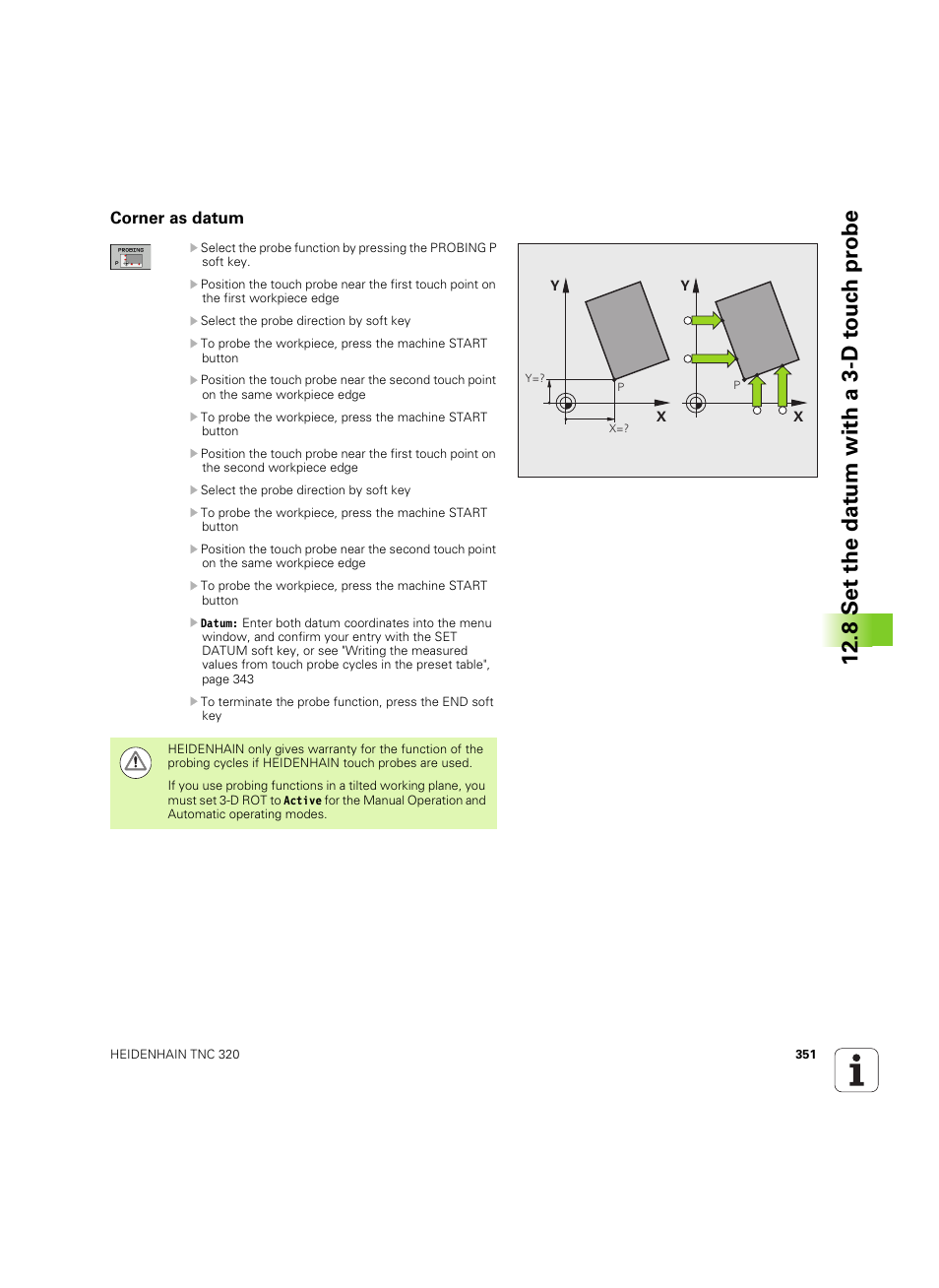 Corner as datum, 8 set the dat um with a 3-d t o uc h pr obe | HEIDENHAIN TNC 320 (340 55x-05) ISO programming User Manual | Page 351 / 477