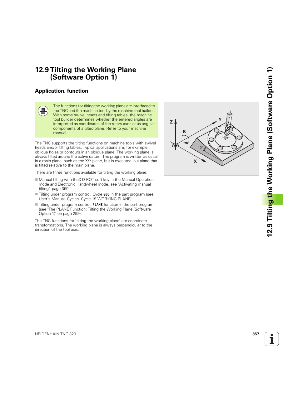 9 tilting the working plane (software option 1), Application, function | HEIDENHAIN TNC 320 (340 55x-05) ISO programming User Manual | Page 357 / 477