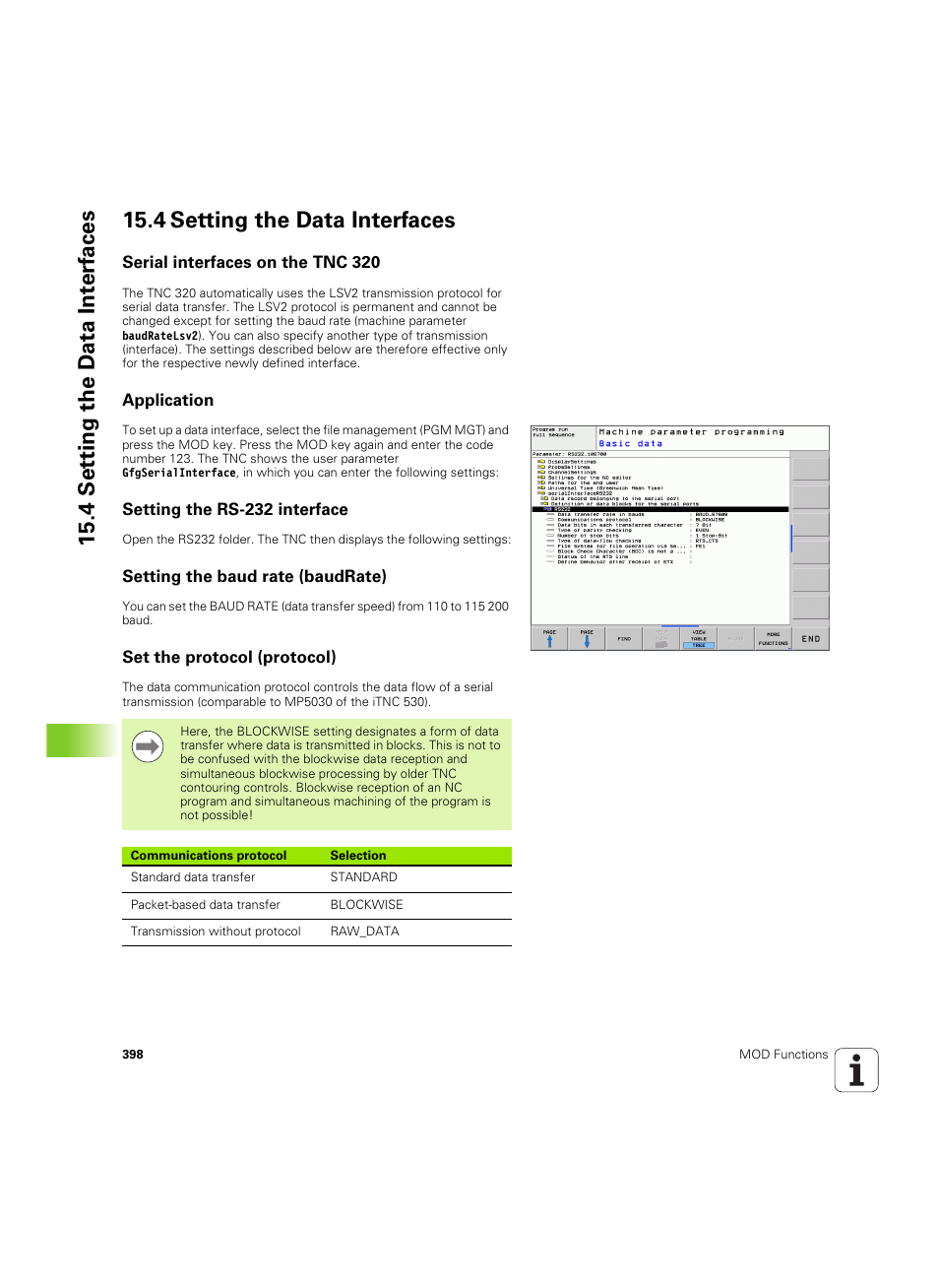 4 setting the data interfaces, Serial interfaces on the tnc 320, Application | Setting the rs-232 interface, Setting the baud rate (baudrate), Set the protocol (protocol) | HEIDENHAIN TNC 320 (340 55x-05) ISO programming User Manual | Page 398 / 477
