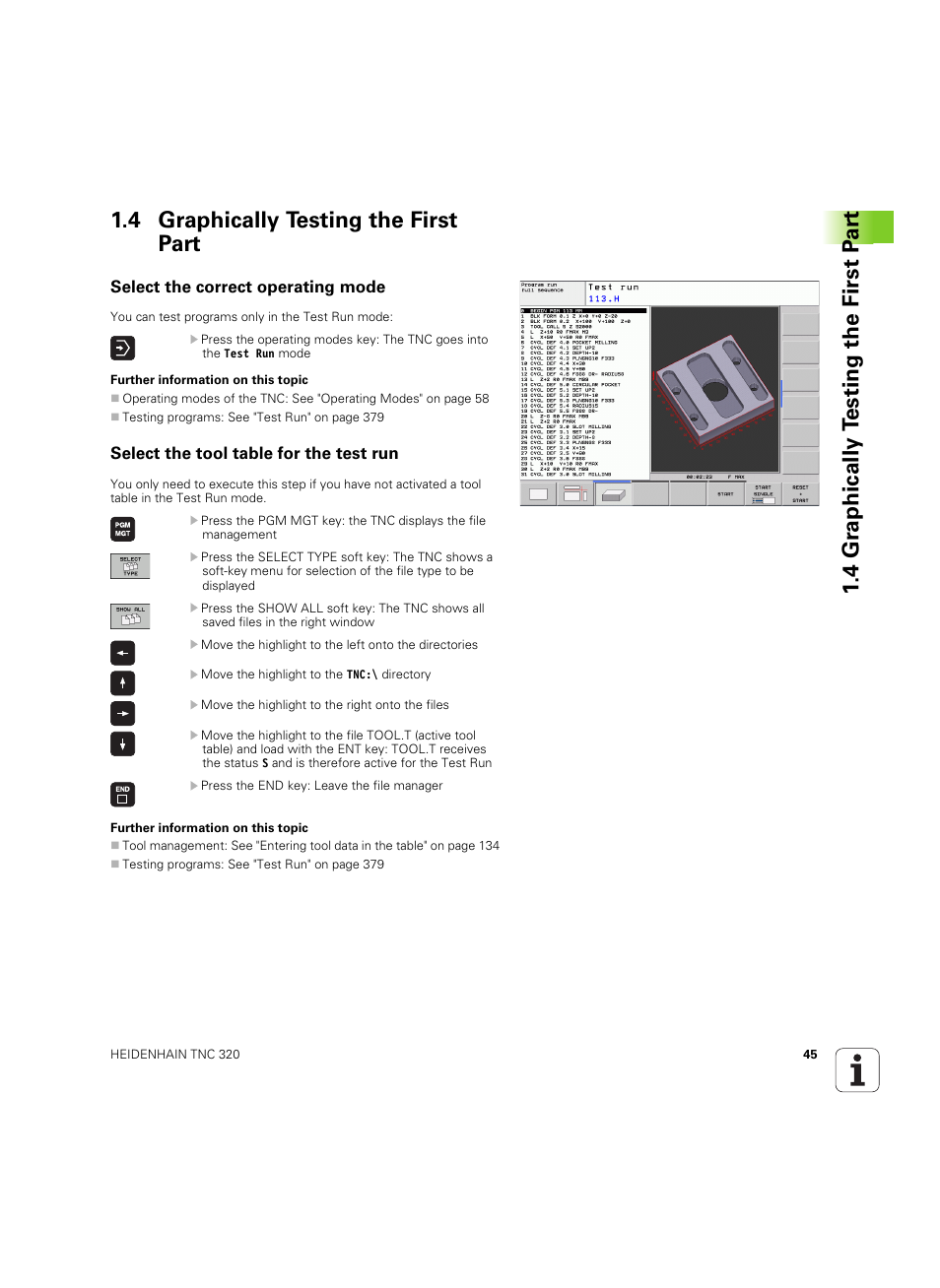4 graphically testing the first part, Select the correct operating mode, Select the tool table for the test run | HEIDENHAIN TNC 320 (340 55x-05) ISO programming User Manual | Page 45 / 477