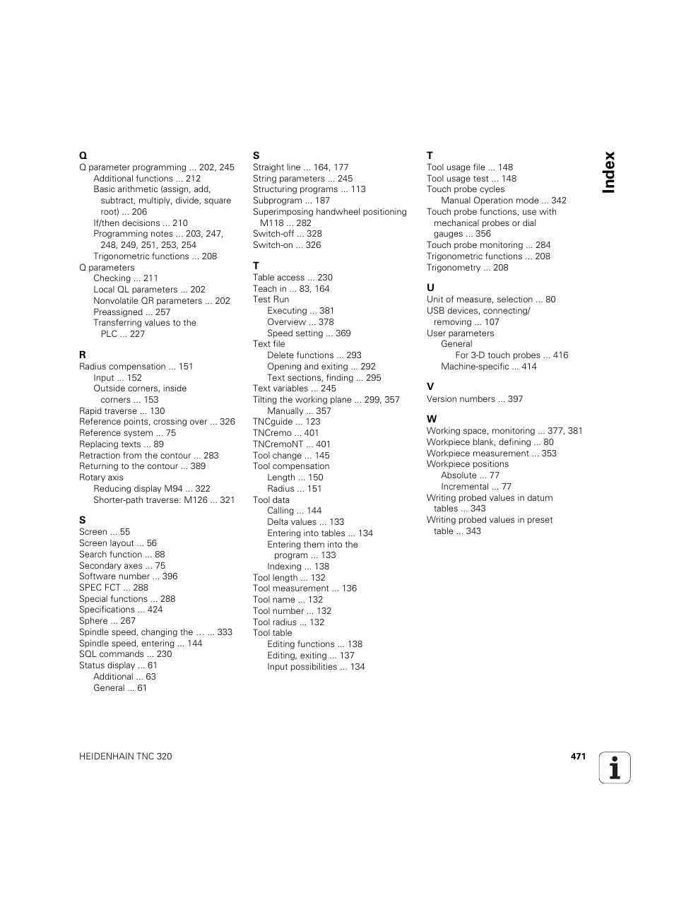 Index | HEIDENHAIN TNC 320 (340 55x-05) ISO programming User Manual | Page 471 / 477