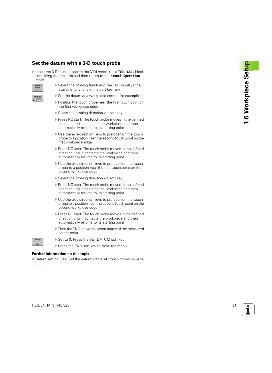 Set the datum with a 3-d touch probe, 6 w o rkpiece set u p | HEIDENHAIN TNC 320 (340 55x-05) ISO programming User Manual | Page 51 / 477