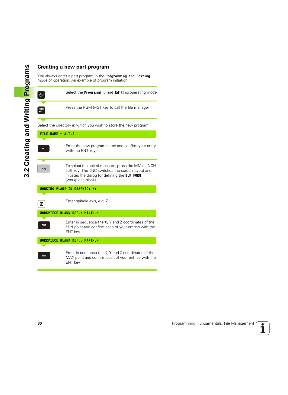 Creating a new part program, 2 cr eating and w riting pr ogr a ms | HEIDENHAIN TNC 320 (340 55x-05) ISO programming User Manual | Page 80 / 477