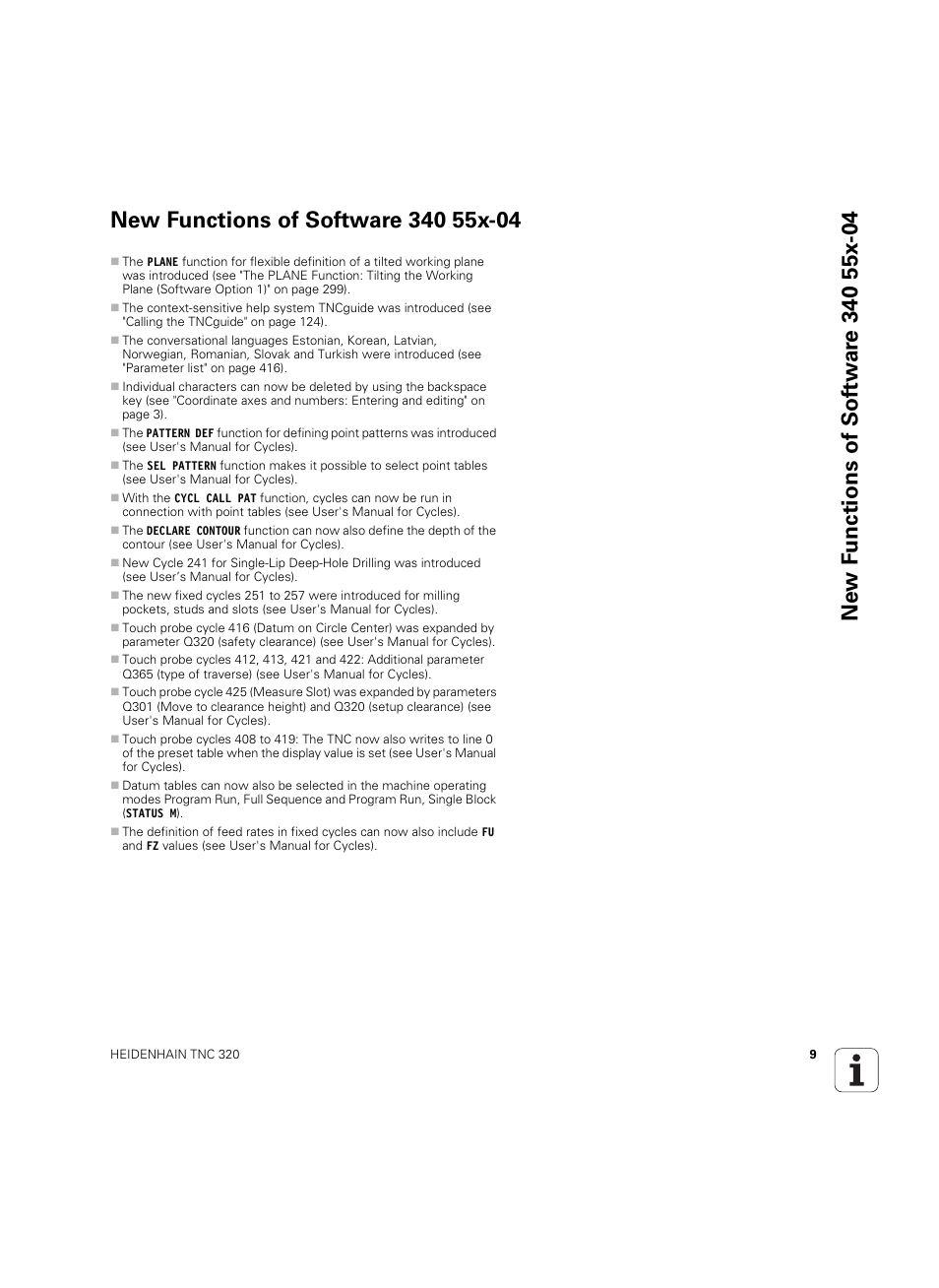 New functions of software 340 55x-04 | HEIDENHAIN TNC 320 (340 55x-05) ISO programming User Manual | Page 9 / 477