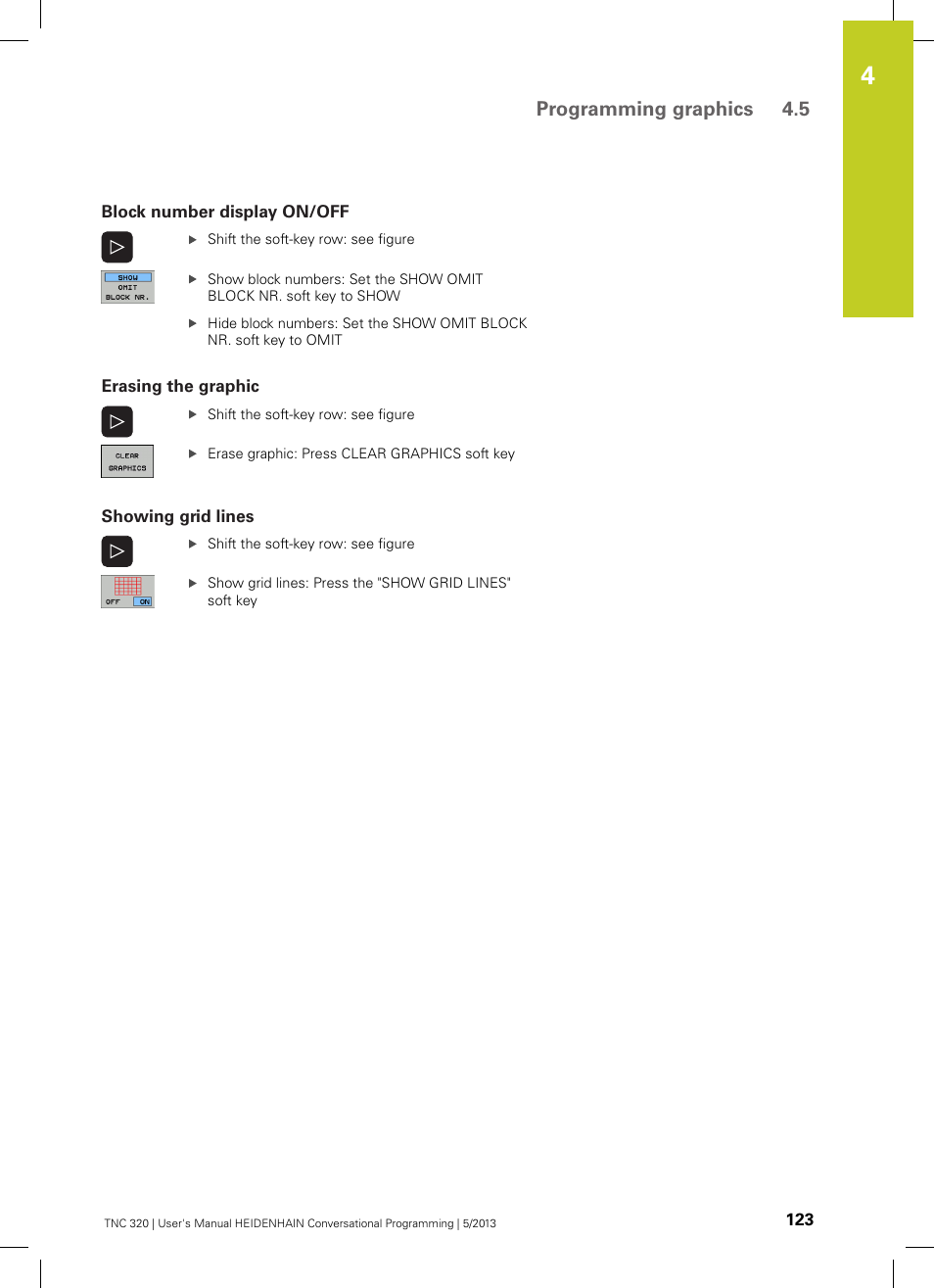 Block number display on/off, Erasing the graphic, Showing grid lines | Programming graphics 4.5 | HEIDENHAIN TNC 320 (34055x-06) User Manual | Page 123 / 540
