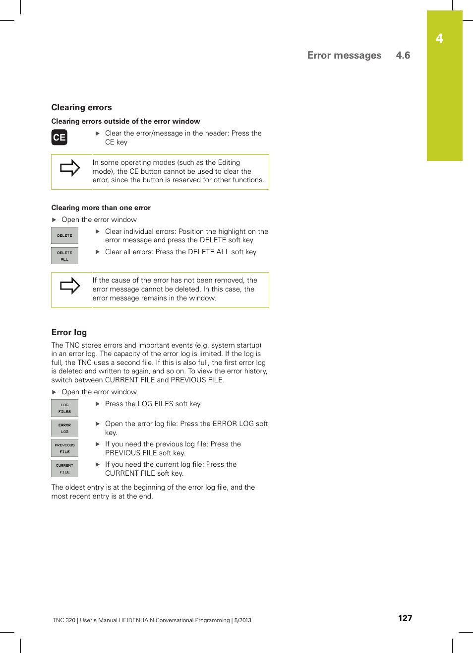 Clearing errors, Error log, Error messages 4.6 | HEIDENHAIN TNC 320 (34055x-06) User Manual | Page 127 / 540