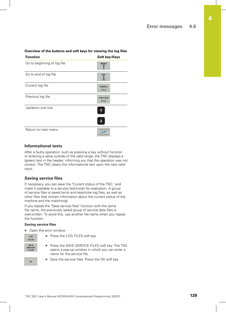 Informational texts, Saving service files, Error messages 4.6 | HEIDENHAIN TNC 320 (34055x-06) User Manual | Page 129 / 540