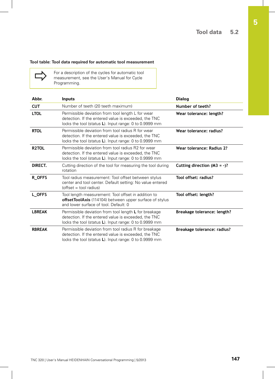 Tool data 5.2 | HEIDENHAIN TNC 320 (34055x-06) User Manual | Page 147 / 540