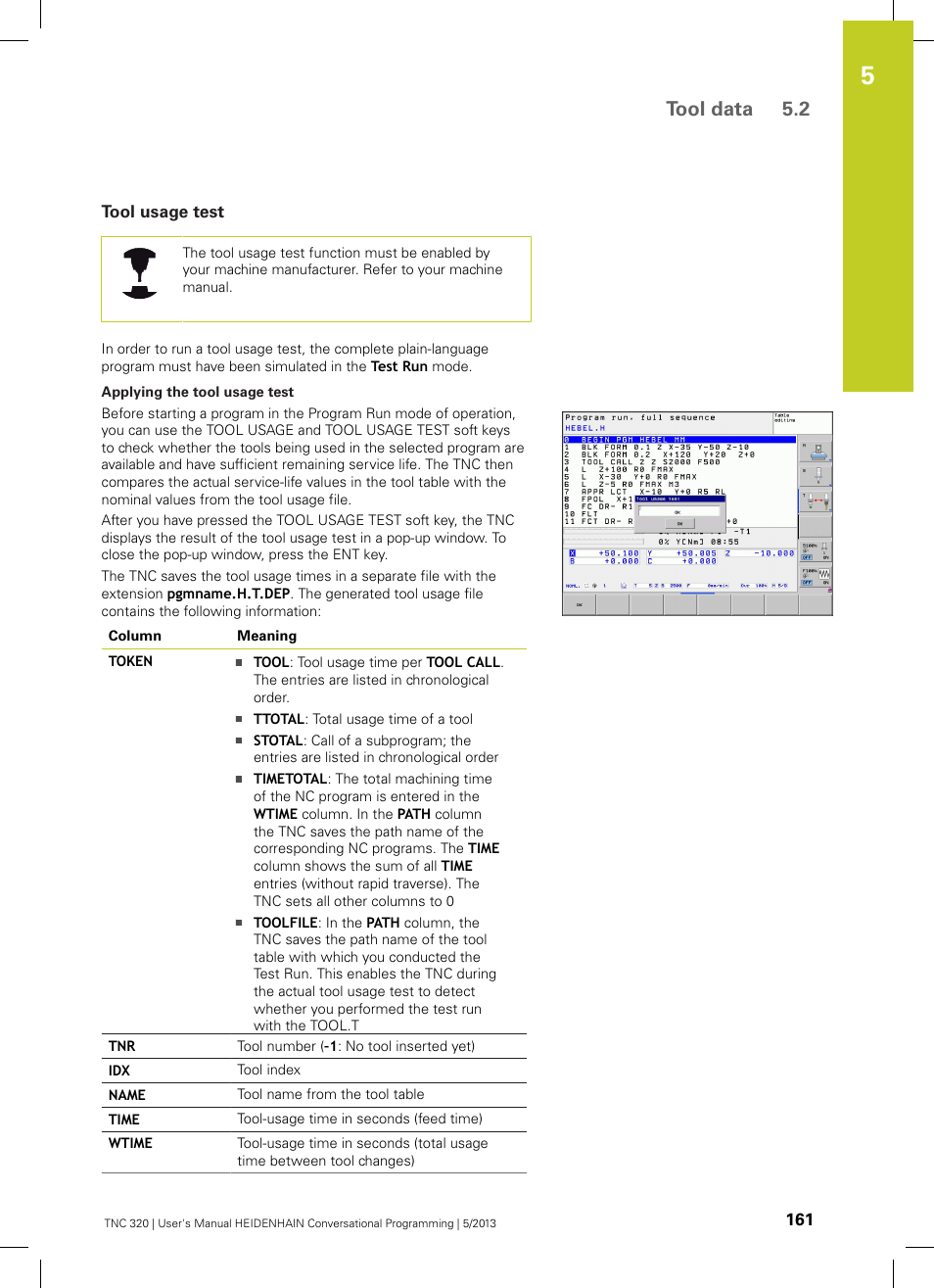 Tool usage test, Tool data 5.2 | HEIDENHAIN TNC 320 (34055x-06) User Manual | Page 161 / 540