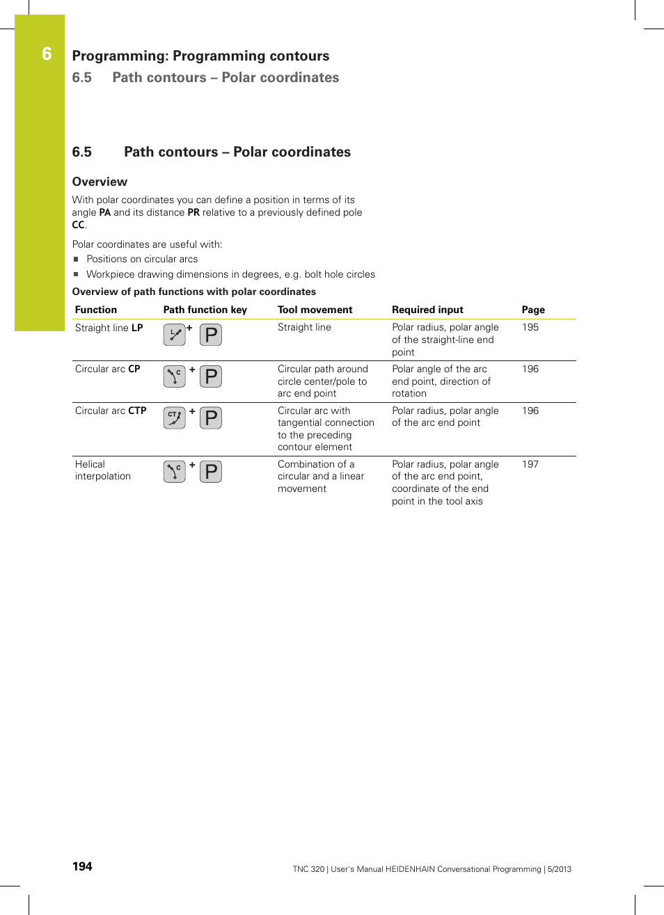 5 path contours – polar coordinates, Overview, Path contours – polar coordinates | HEIDENHAIN TNC 320 (34055x-06) User Manual | Page 194 / 540