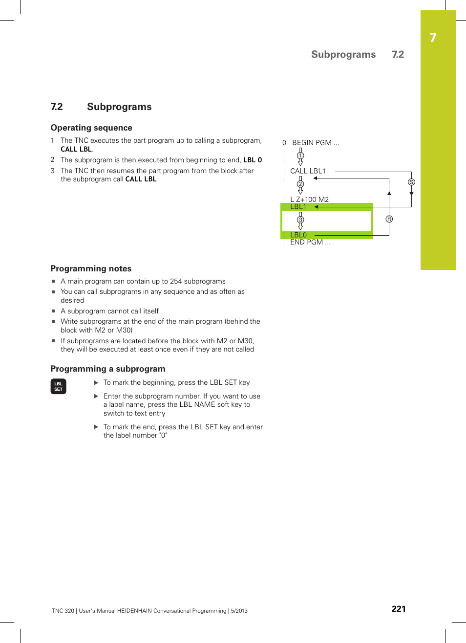 2 subprograms, Operating sequence, Programming notes | Programming a subprogram, Subprograms, Subprograms 7.2 | HEIDENHAIN TNC 320 (34055x-06) User Manual | Page 221 / 540