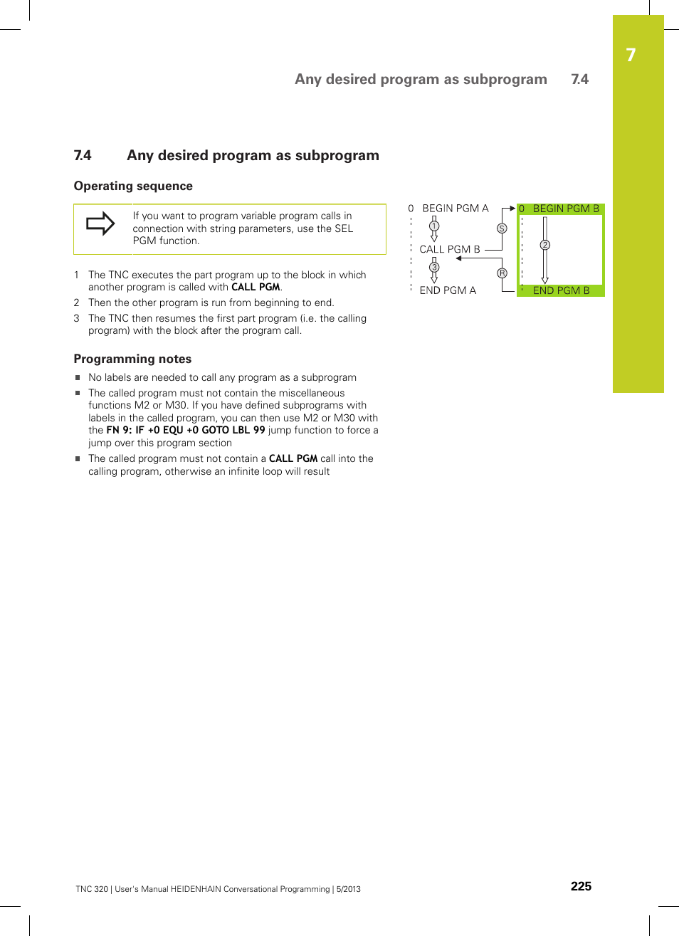 4 any desired program as subprogram, Operating sequence, Programming notes | Any desired program as subprogram, Any desired program as subprogram 7.4 | HEIDENHAIN TNC 320 (34055x-06) User Manual | Page 225 / 540