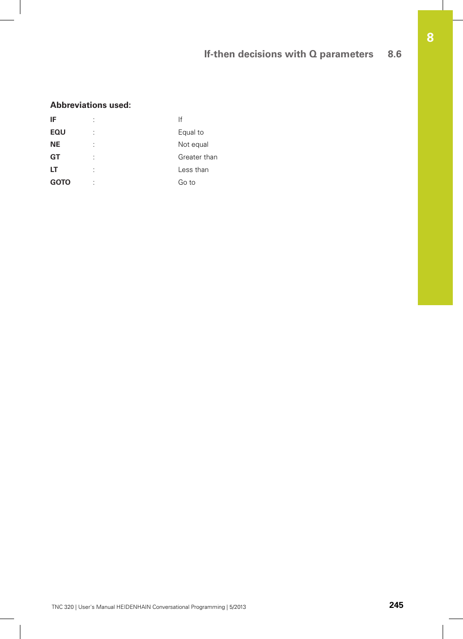 Abbreviations used, If-then decisions with q parameters 8.6 | HEIDENHAIN TNC 320 (34055x-06) User Manual | Page 245 / 540