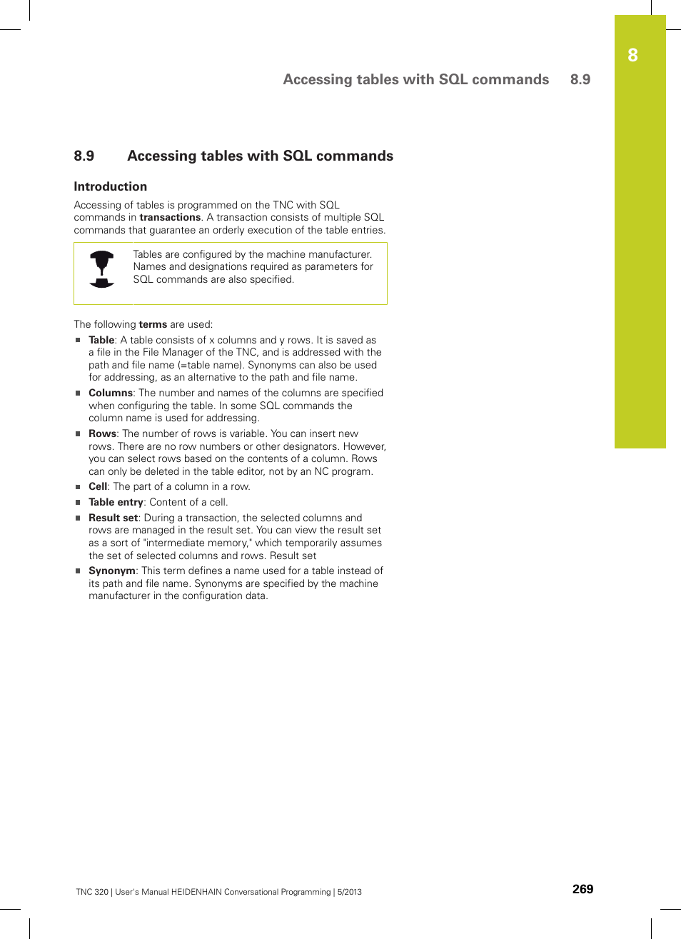 9 accessing tables with sql commands, Introduction, Accessing tables with sql commands | Accessing tables with sql commands 8.9 | HEIDENHAIN TNC 320 (34055x-06) User Manual | Page 269 / 540