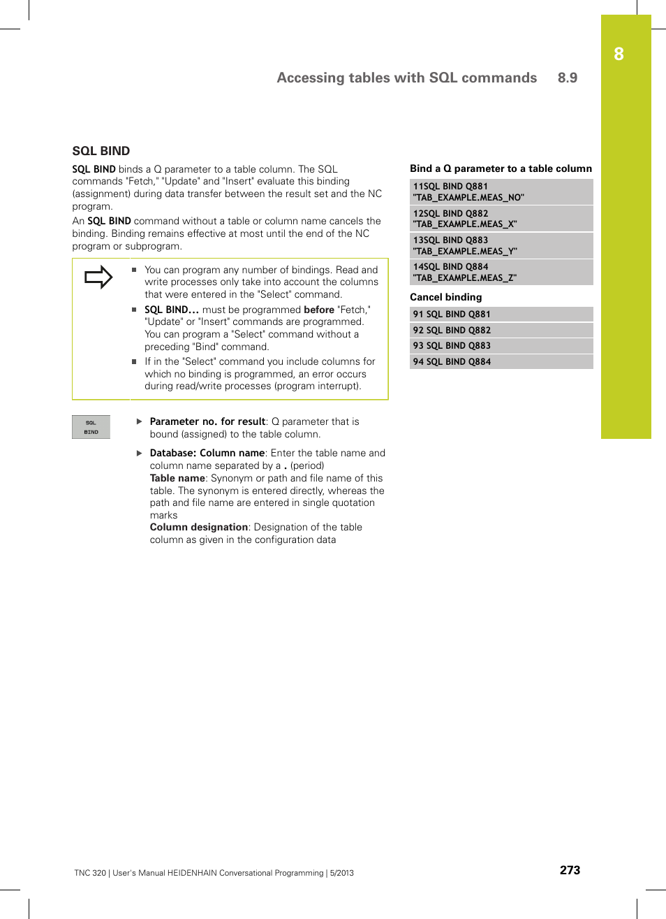 Sql bind, Accessing tables with sql commands 8.9 | HEIDENHAIN TNC 320 (34055x-06) User Manual | Page 273 / 540