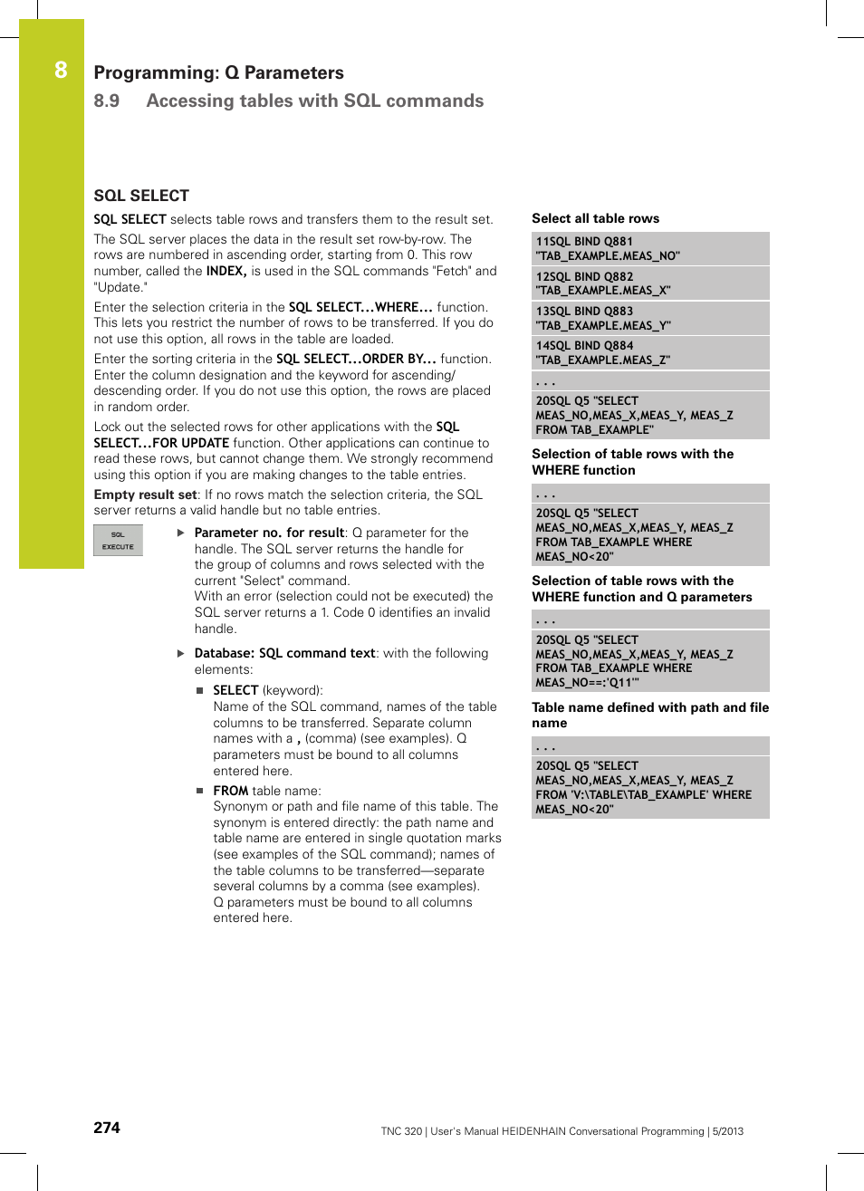 Sql select | HEIDENHAIN TNC 320 (34055x-06) User Manual | Page 274 / 540