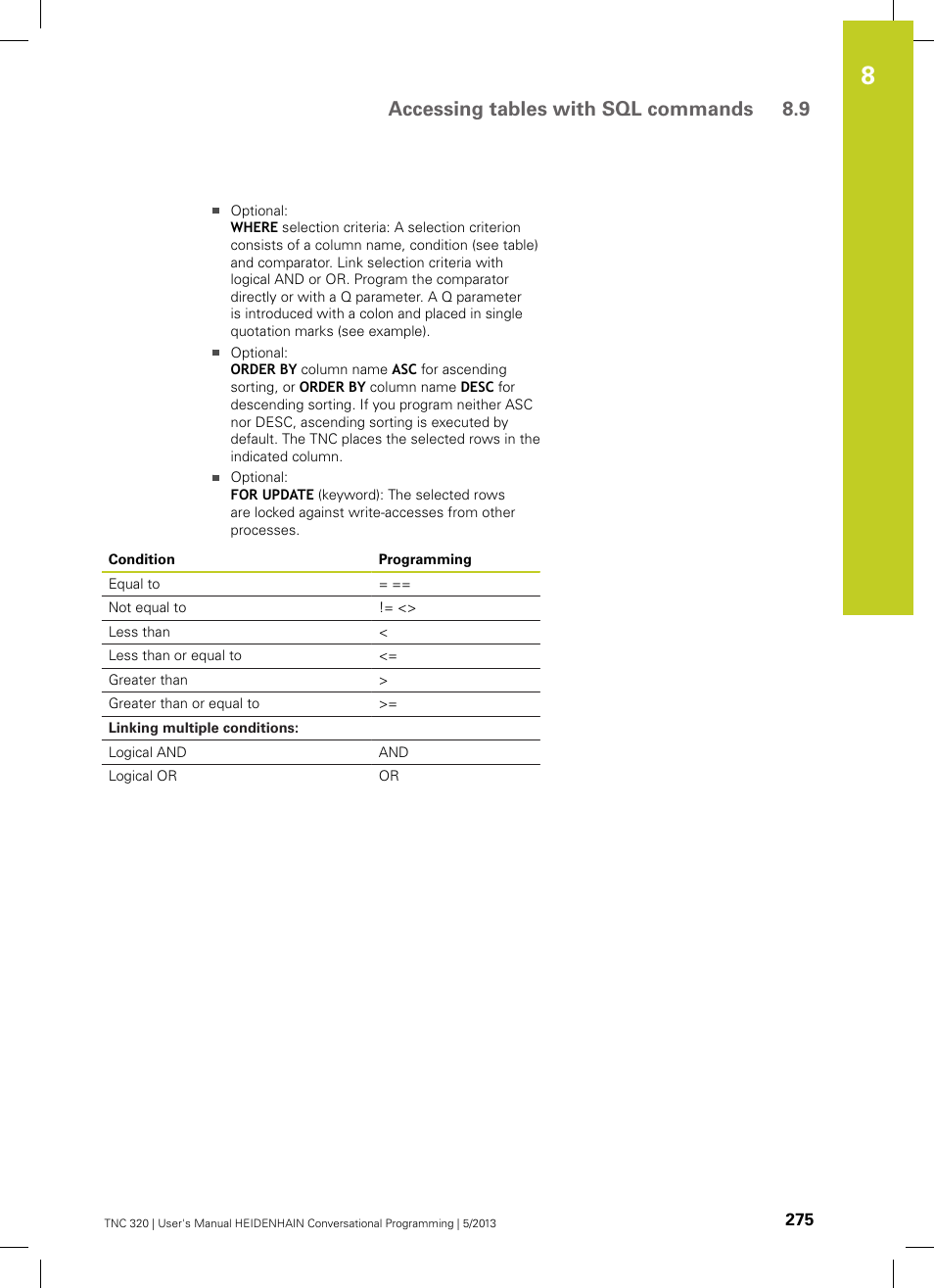 Accessing tables with sql commands 8.9 | HEIDENHAIN TNC 320 (34055x-06) User Manual | Page 275 / 540