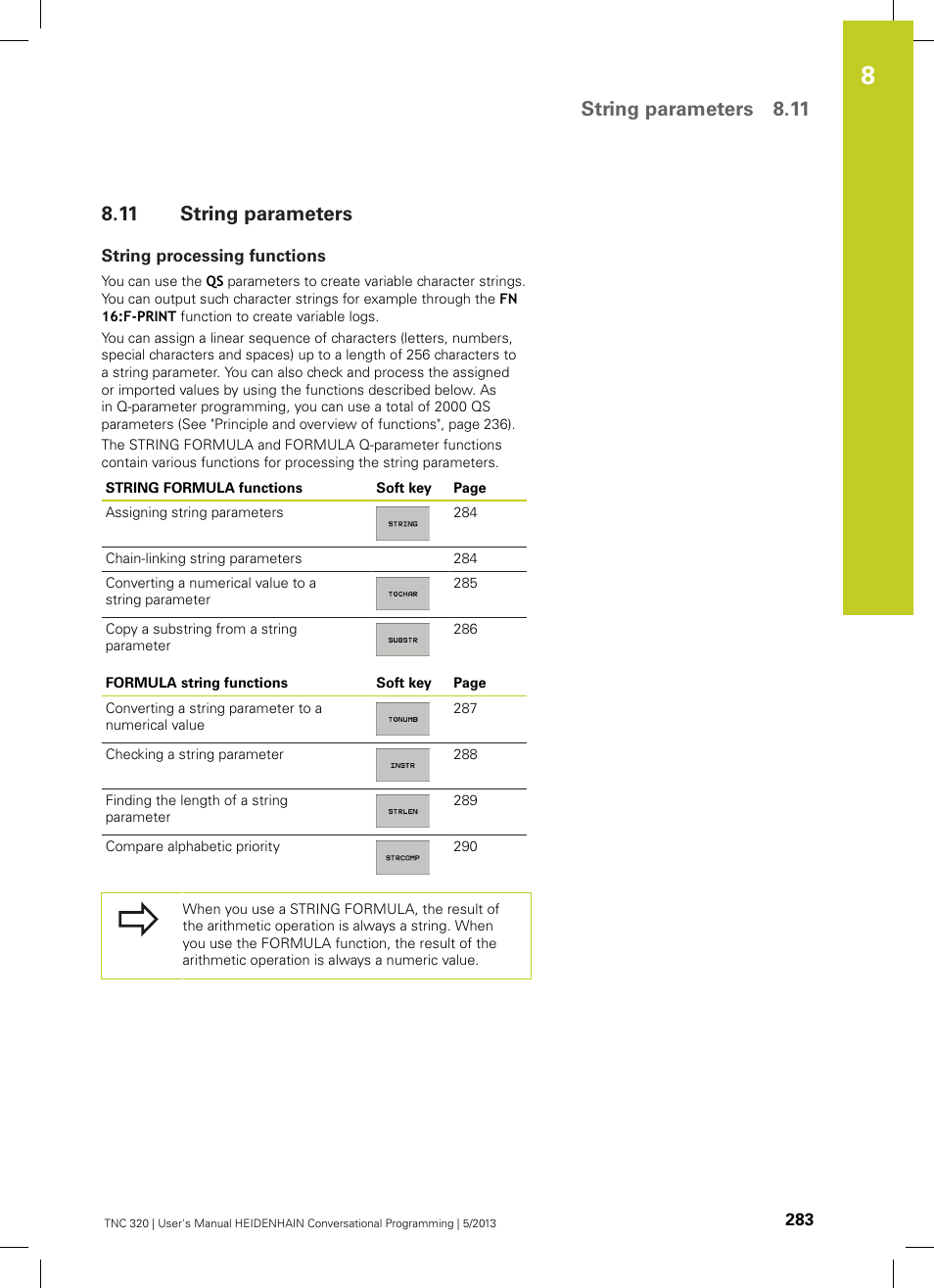 11 string parameters, String processing functions, String parameters | String parameters 8.11 | HEIDENHAIN TNC 320 (34055x-06) User Manual | Page 283 / 540