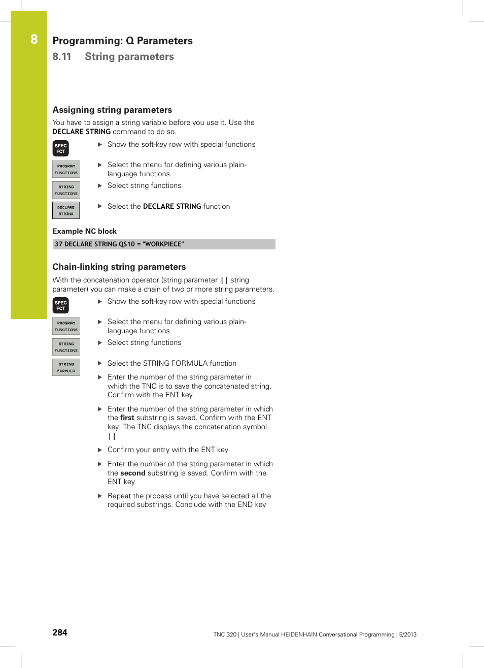 Assigning string parameters, Chain-linking string parameters, Programming: q parameters 8.11 string parameters | HEIDENHAIN TNC 320 (34055x-06) User Manual | Page 284 / 540