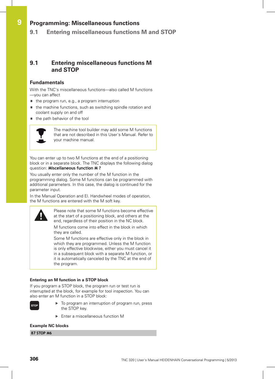 1 entering miscellaneous functions m and stop, Fundamentals, Entering miscellaneous functions m and stop | HEIDENHAIN TNC 320 (34055x-06) User Manual | Page 306 / 540