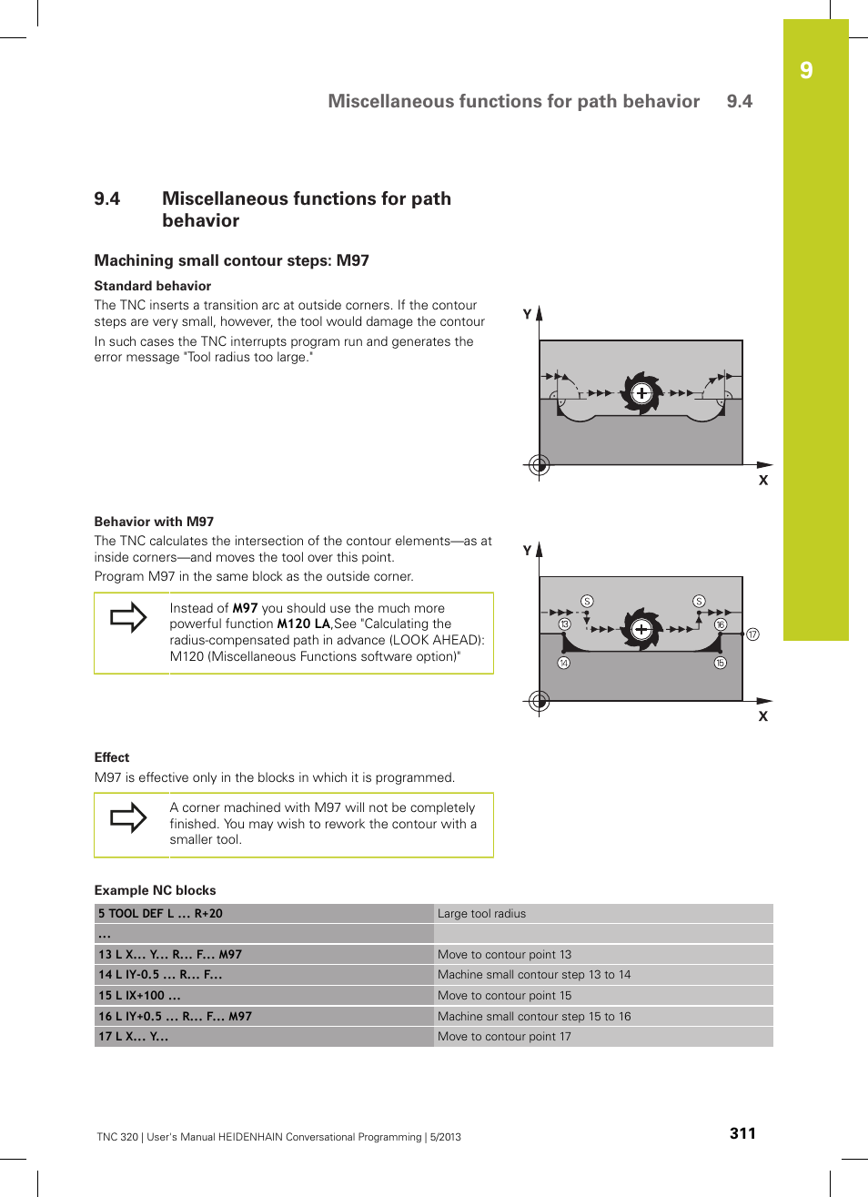 4 miscellaneous functions for path behavior, Machining small contour steps: m97, Miscellaneous functions for path behavior | Miscellaneous functions for path behavior 9.4 | HEIDENHAIN TNC 320 (34055x-06) User Manual | Page 311 / 540