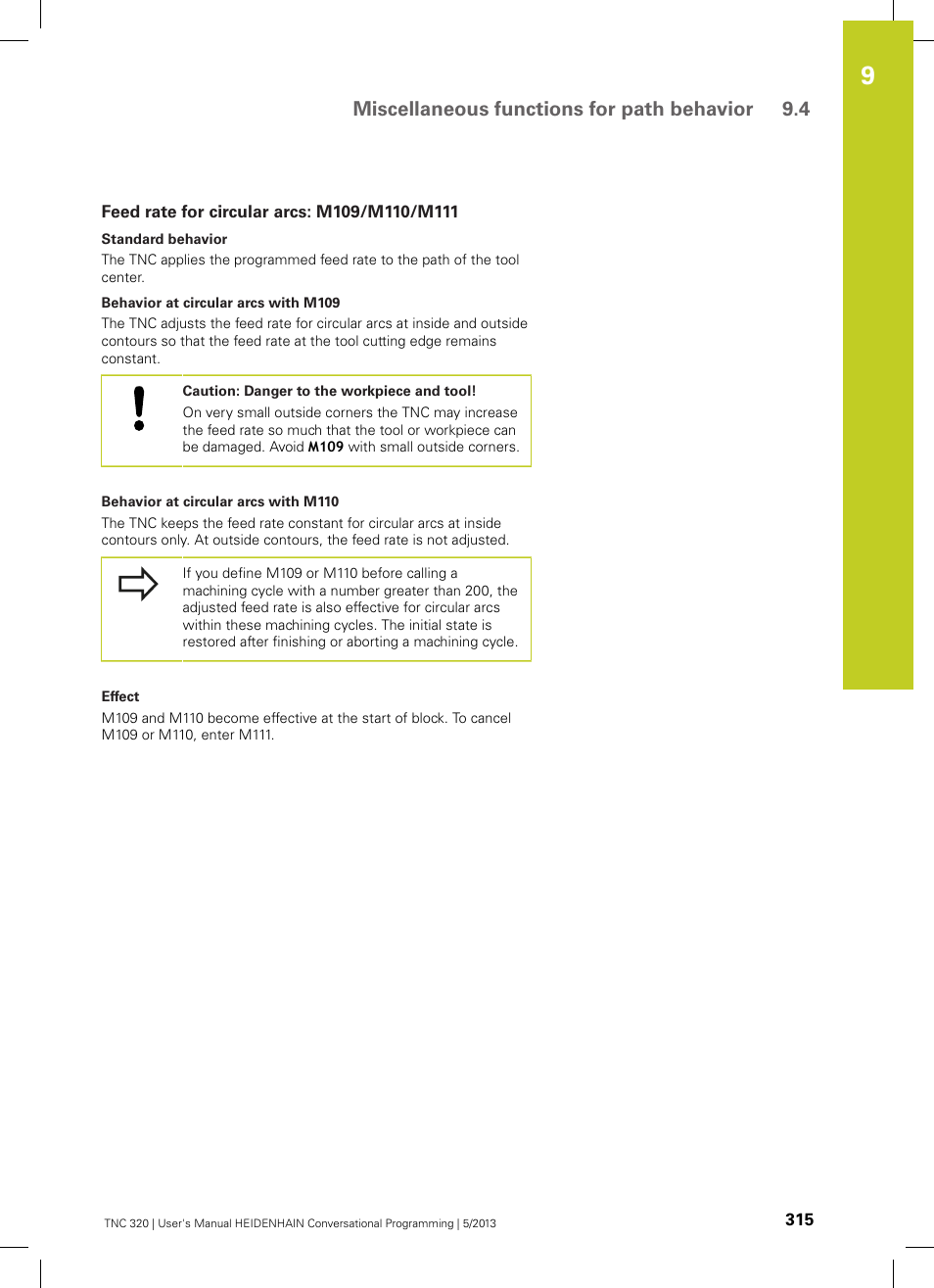 Feed rate for circular arcs: m109/m110/m111, Miscellaneous functions for path behavior 9.4 | HEIDENHAIN TNC 320 (34055x-06) User Manual | Page 315 / 540