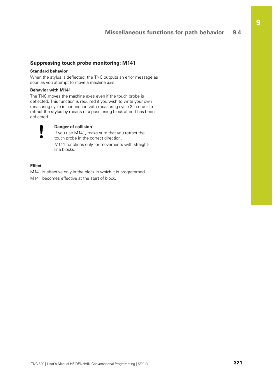 Suppressing touch probe monitoring: m141, Miscellaneous functions for path behavior 9.4 | HEIDENHAIN TNC 320 (34055x-06) User Manual | Page 321 / 540