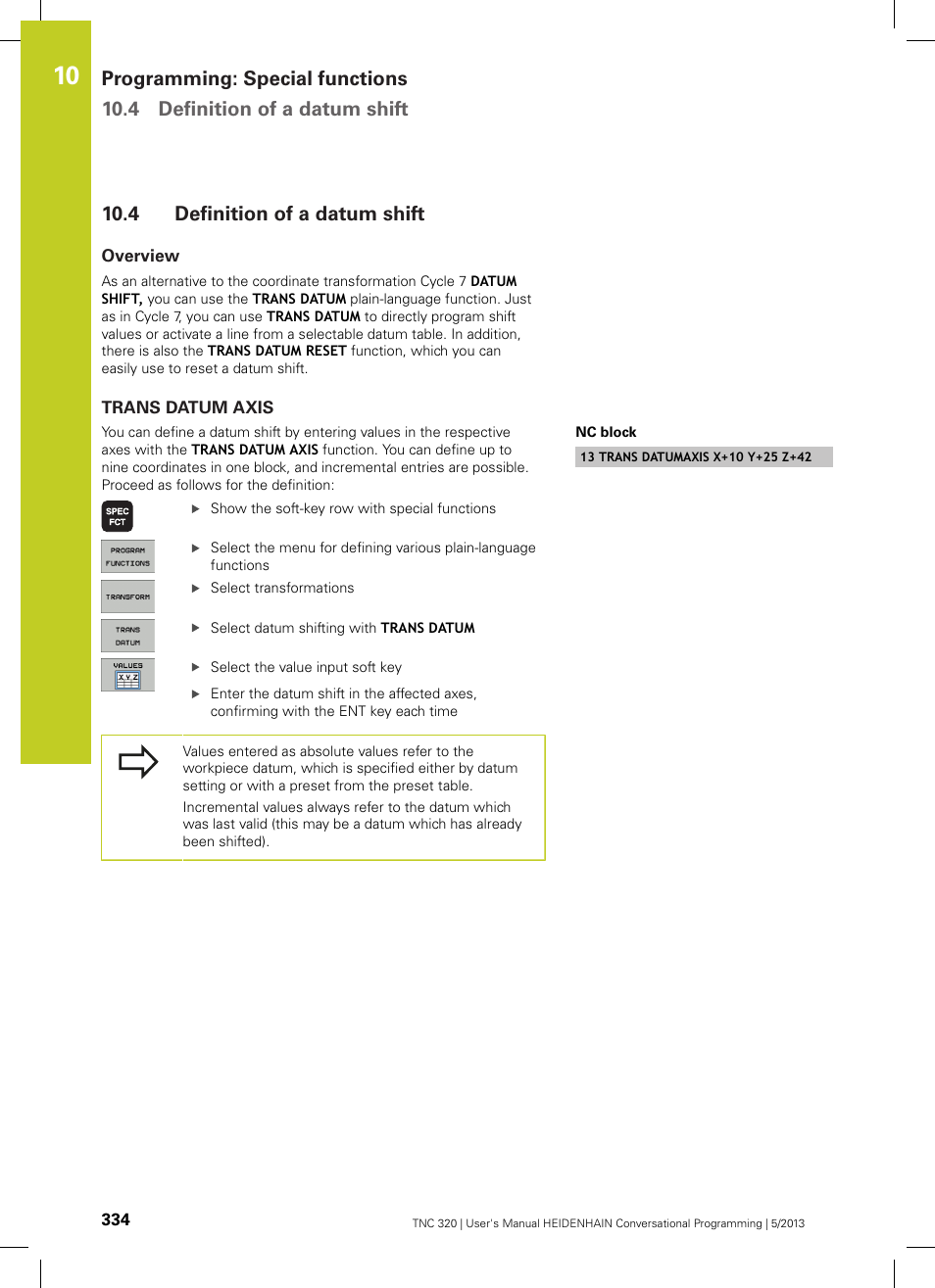 4 definition of a datum shift, Overview, Trans datum axis | Definition of a datum shift | HEIDENHAIN TNC 320 (34055x-06) User Manual | Page 334 / 540