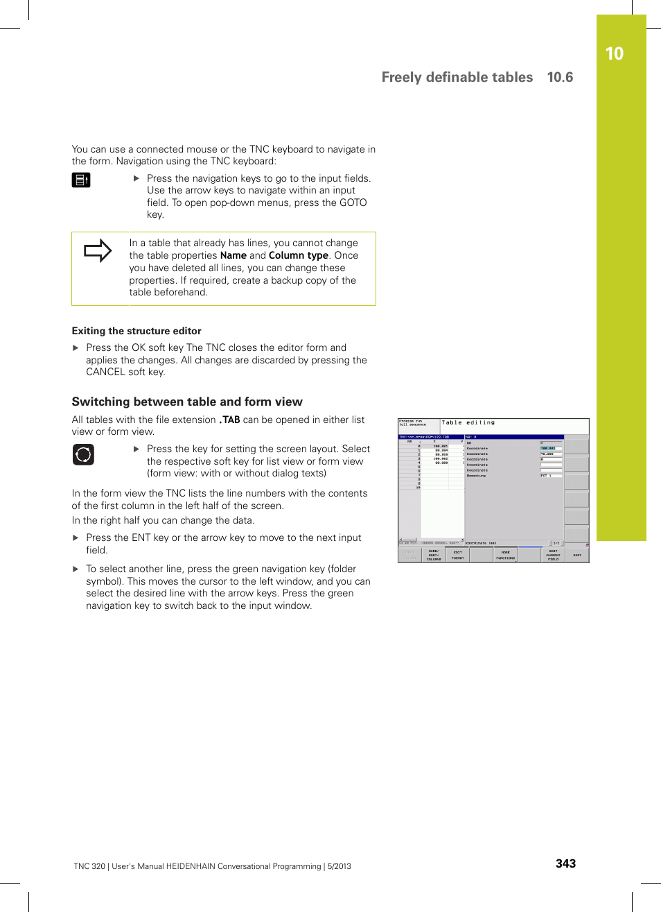 Switching between table and form view, Freely definable tables 10.6 | HEIDENHAIN TNC 320 (34055x-06) User Manual | Page 343 / 540