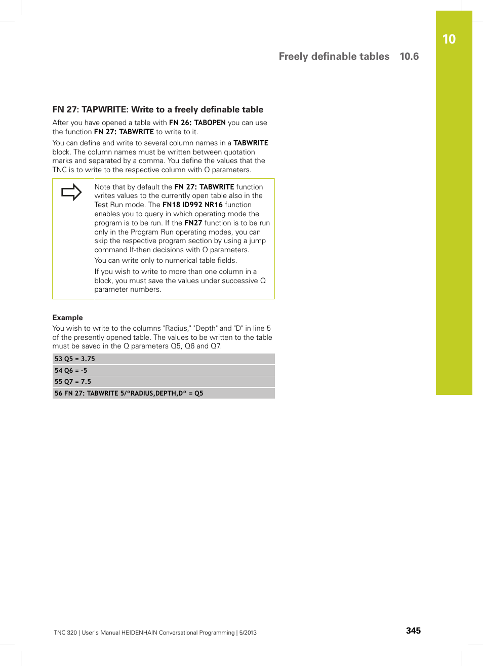Fn 27: tapwrite: write to a freely definable table, Freely definable tables 10.6 | HEIDENHAIN TNC 320 (34055x-06) User Manual | Page 345 / 540