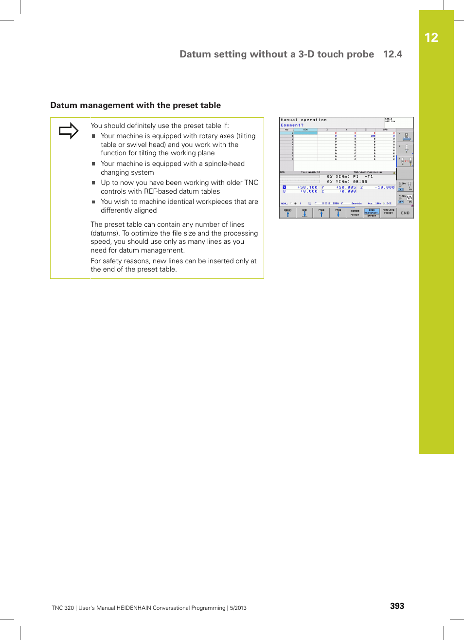 Datum management with the preset table, Datum setting without a 3-d touch probe 12.4 | HEIDENHAIN TNC 320 (34055x-06) User Manual | Page 393 / 540