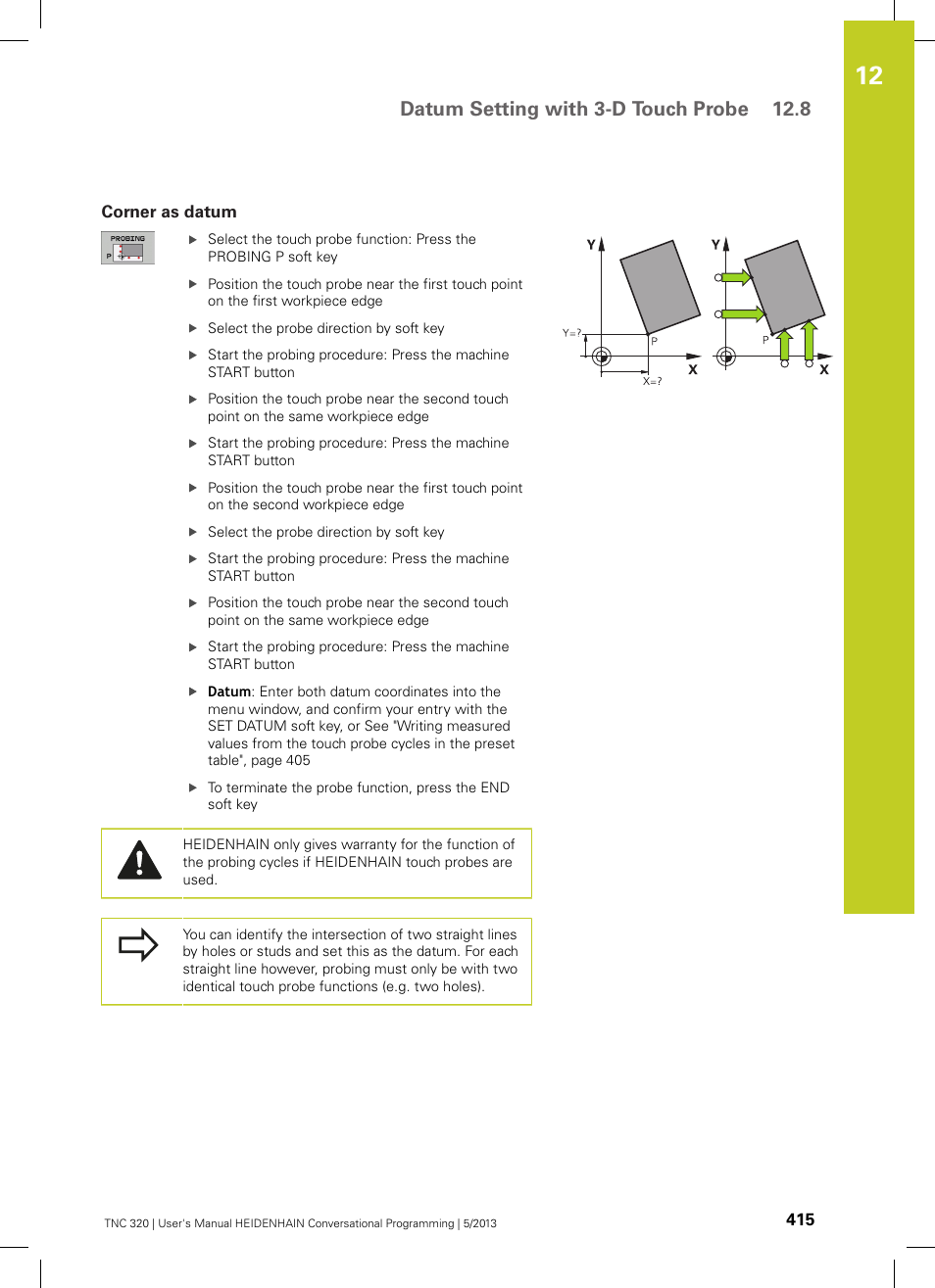 Corner as datum, Datum setting with 3-d touch probe 12.8 | HEIDENHAIN TNC 320 (34055x-06) User Manual | Page 415 / 540