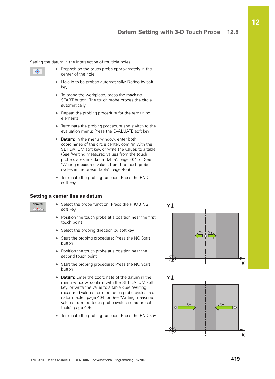 Setting a center line as datum, Datum setting with 3-d touch probe 12.8 | HEIDENHAIN TNC 320 (34055x-06) User Manual | Page 419 / 540