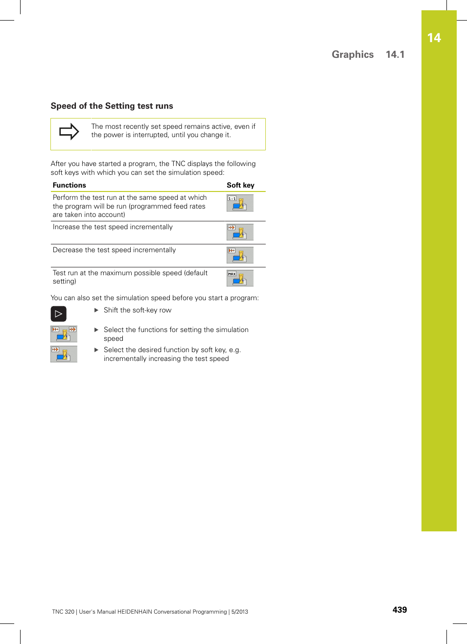 Speed of the setting test runs, Graphics 14.1 | HEIDENHAIN TNC 320 (34055x-06) User Manual | Page 439 / 540